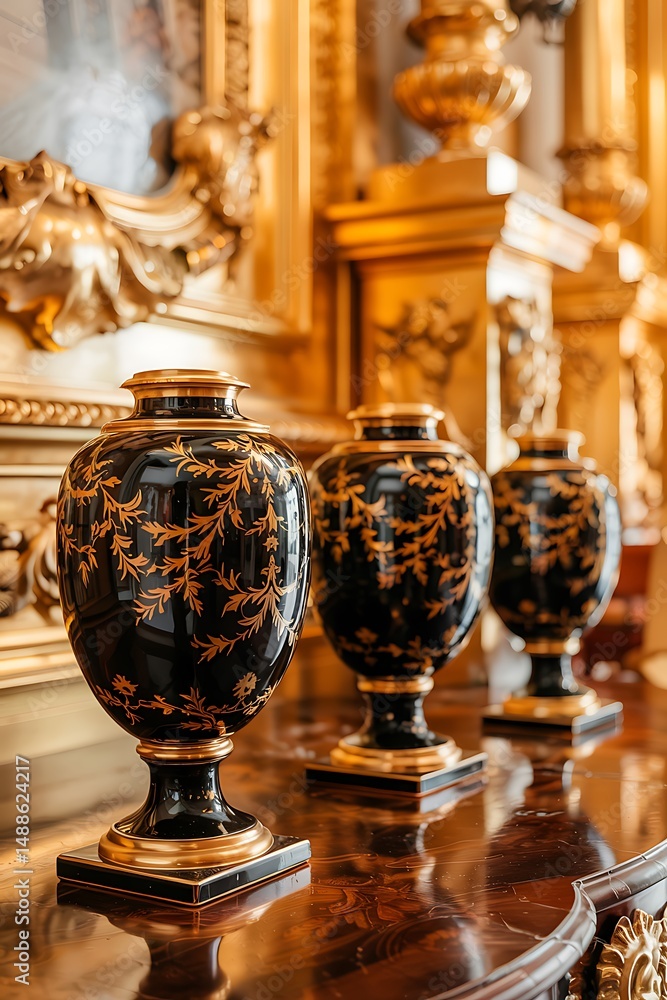 Ornate Decorative Vases on Wooden Shelf in Luxurious Interior Ornate Decorative Vases on Wooden Shelf in Luxurious Interior