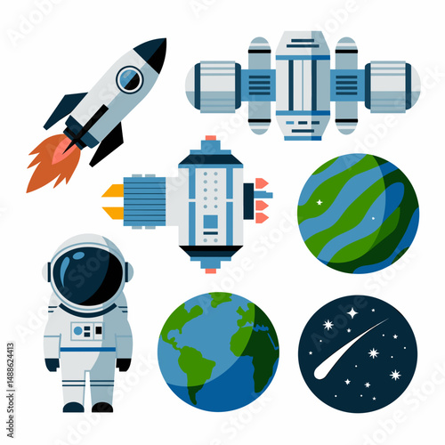Vector icon sheet with rocket, spacecraft, astronaut, planet, and starry sky – Ideal for technology apps, learning materials, or cosmic branding