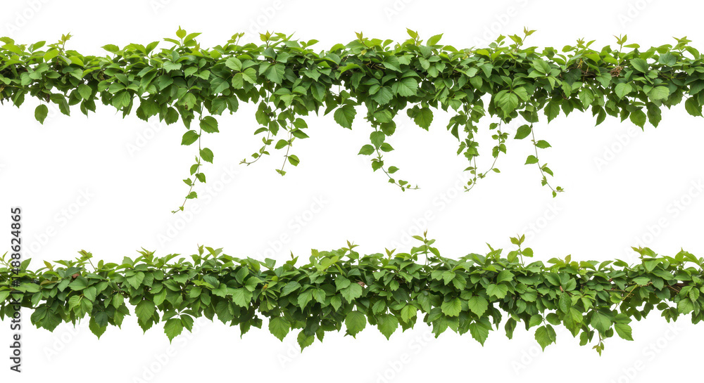 Two rows of green leaves and vines isolated on transparent background Two rows of green leaves and vines isolated on transparent background