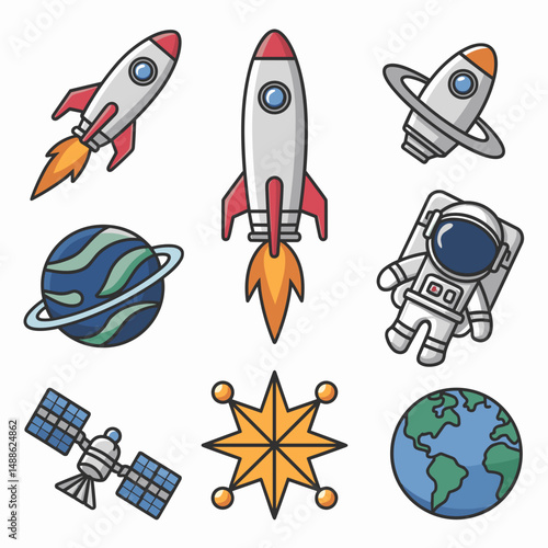 Icon sheet with astronaut, spacecraft, planet, and satellite – Ideal for scientific presentations, mobile games, or digital products