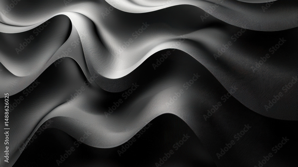 Obraz premium A sleek, black and white wallpaper featuring abstract, silk-like textures, reminiscent of smooth waves, offers a sophisticated and minimalist backdrop for your modern design, perfect for a high-defini