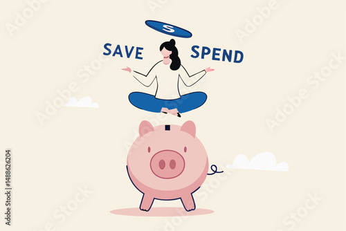 Money decision, save or spend, financial options when receive bonus or extra money, choose to invest or pay off debt concept, doubtful woman lotus sitting on piggy bank balancing save or spend choice.