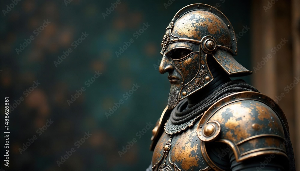 Obraz premium Ancient warrior armor, weathered bronze, intricate detail, archeology, decay