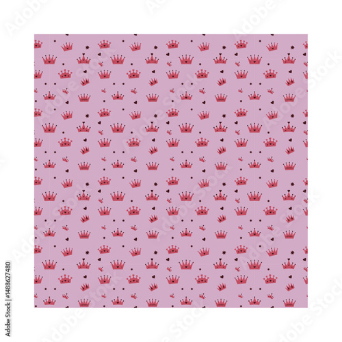 This charming pattern features a delightful arrangement of pink crowns and hearts against a soft pink background. Perfect for children's products, party decorations, and whimsical stationery