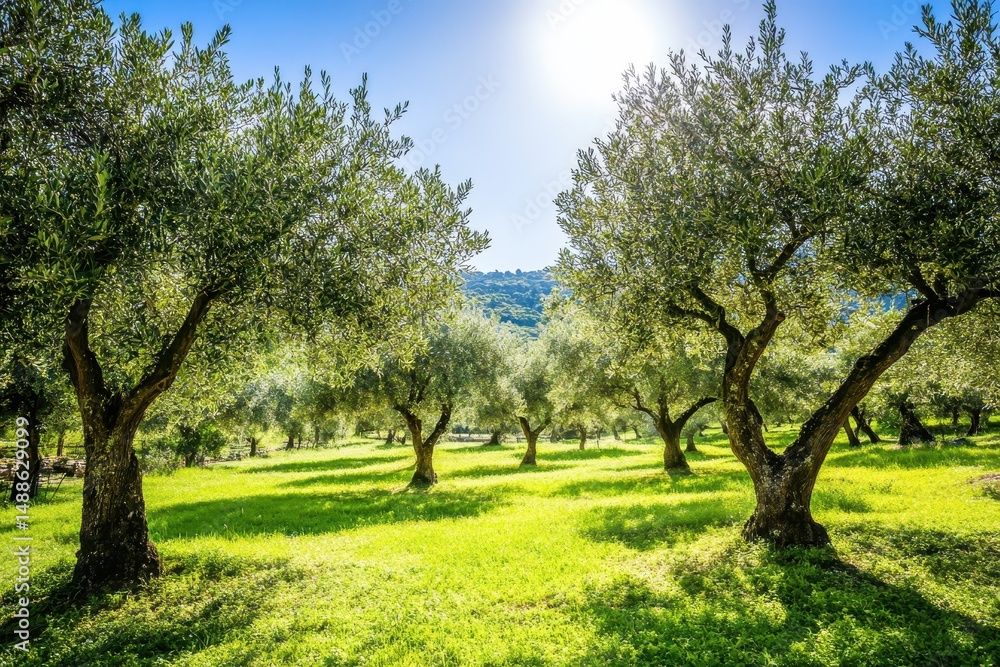 Fototapeta premium Growth of olive trees flourishing in sunlight at a Greek farm, Greece olive farm Growth of trees under sunlight