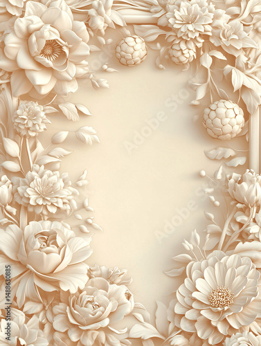 Elegant 3D floral background in cream pastel with a luxurious border frame—ideal for banners, cards, and display art.

