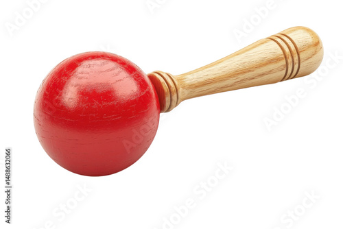 A vibrant red maraca with a light wood handle evokes playful music at a carnival rendered on transparent background