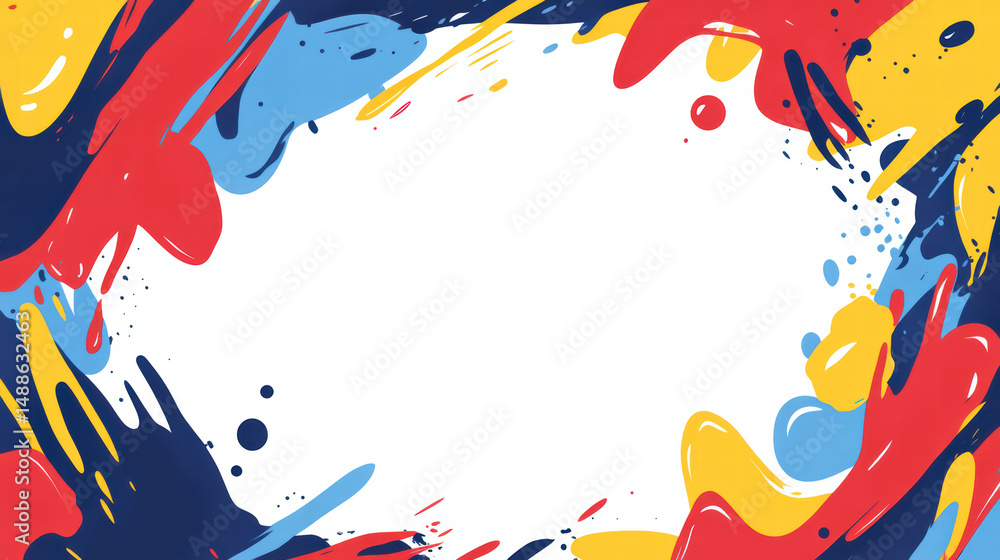 Fototapeta premium Colorful Paint Splatter Frame: A vibrant frame of dynamic paint splatters in red, blue, and yellow, creating a bold and energetic border perfect for adding text or images.