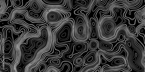Abstract digital artwork featuring intricate topographic contour lines in fine detail, flowing smoothly and organically across a pure black background. 