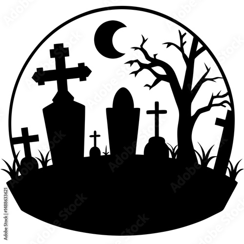 Abandoned halloween cemetery silhouette vector illustration