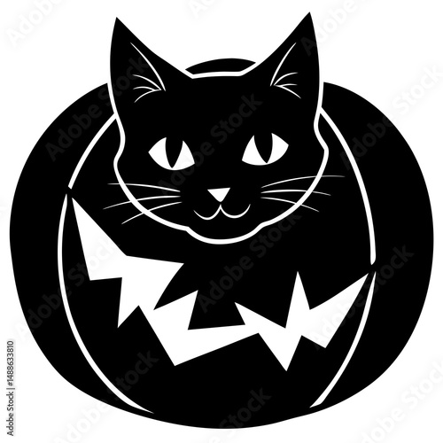 Cat hiding inside a jack o lantern silhouette vector illustration