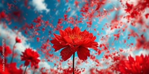 Red Flower in a Blue Sky Background, Ideal for Creative Layouts