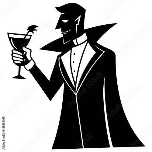 Dracula sipping blood cocktail silhouette vector illustration