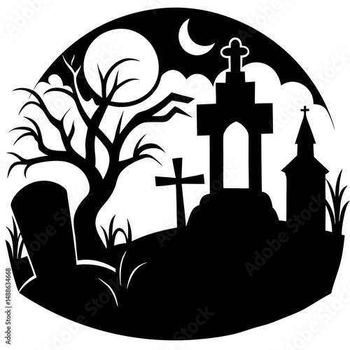 Graveyard with fog silhouette vector illustration