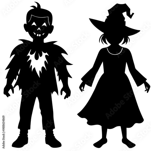 Kids in halloween costumes silhouette vector illustration