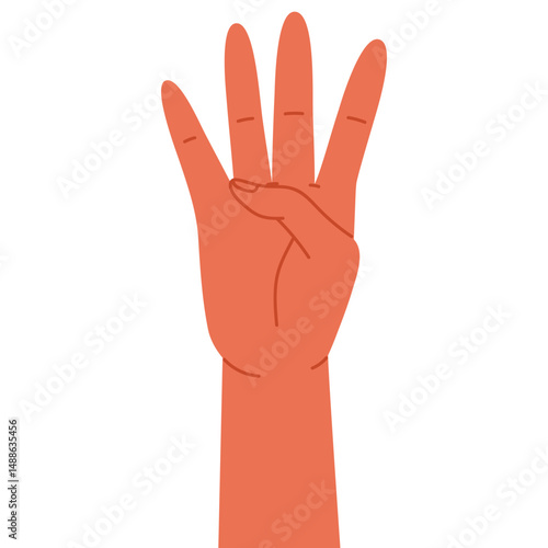 Human hand showing number four with four fingers raised. Finger-counting. Math and education. Sign language or counting concept. Vector illustration in cartoon style. Isolated on white