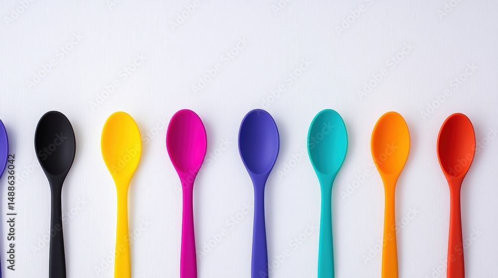 A row of seven colorful spoons. A row of seven colorful spoons.
