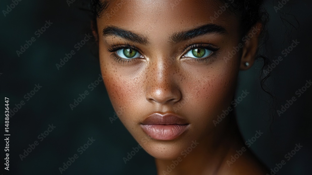 A woman with green eyes and a greenish-brown face A woman with green eyes and a greenish-brown face