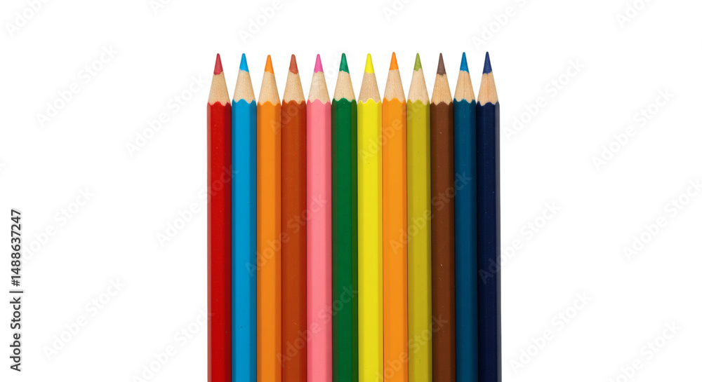 Obraz premium Aligned colorful pencils with sharpened tips showing a range of vibrant hues and tones, isolated on transparent background