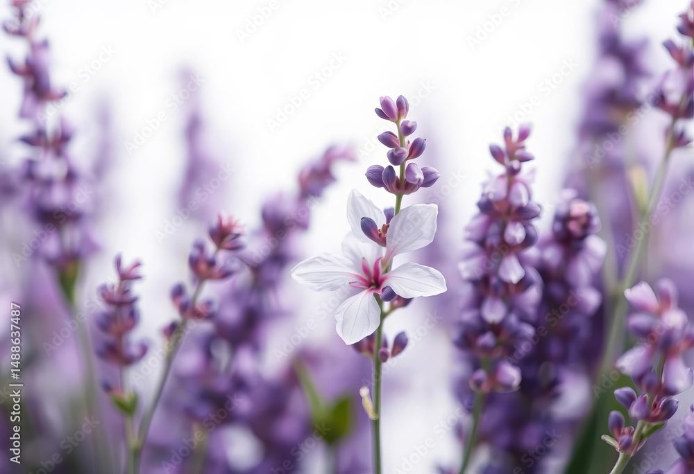 Fototapeta premium Soft focus lavender blossom, gentle curves, subtle hues, white background, flora, element