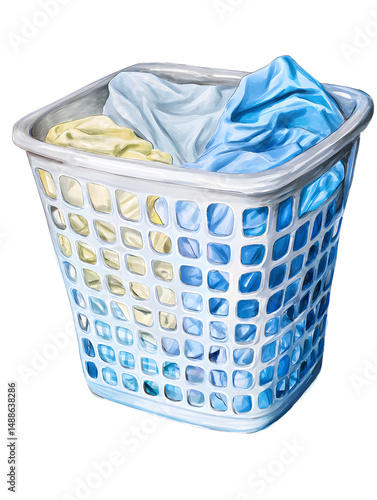 An illustration showcases a white plastic laundry basket filled with folded clothes in varying shades of blue, white, and yellow against a plain white background.