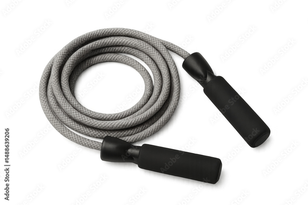 Gray jump rope with black handles lying on a transparent background, ideal for fitness and workout routines Gray jump rope with black handles lying on a transparent background, ideal for fitness and workout routines
