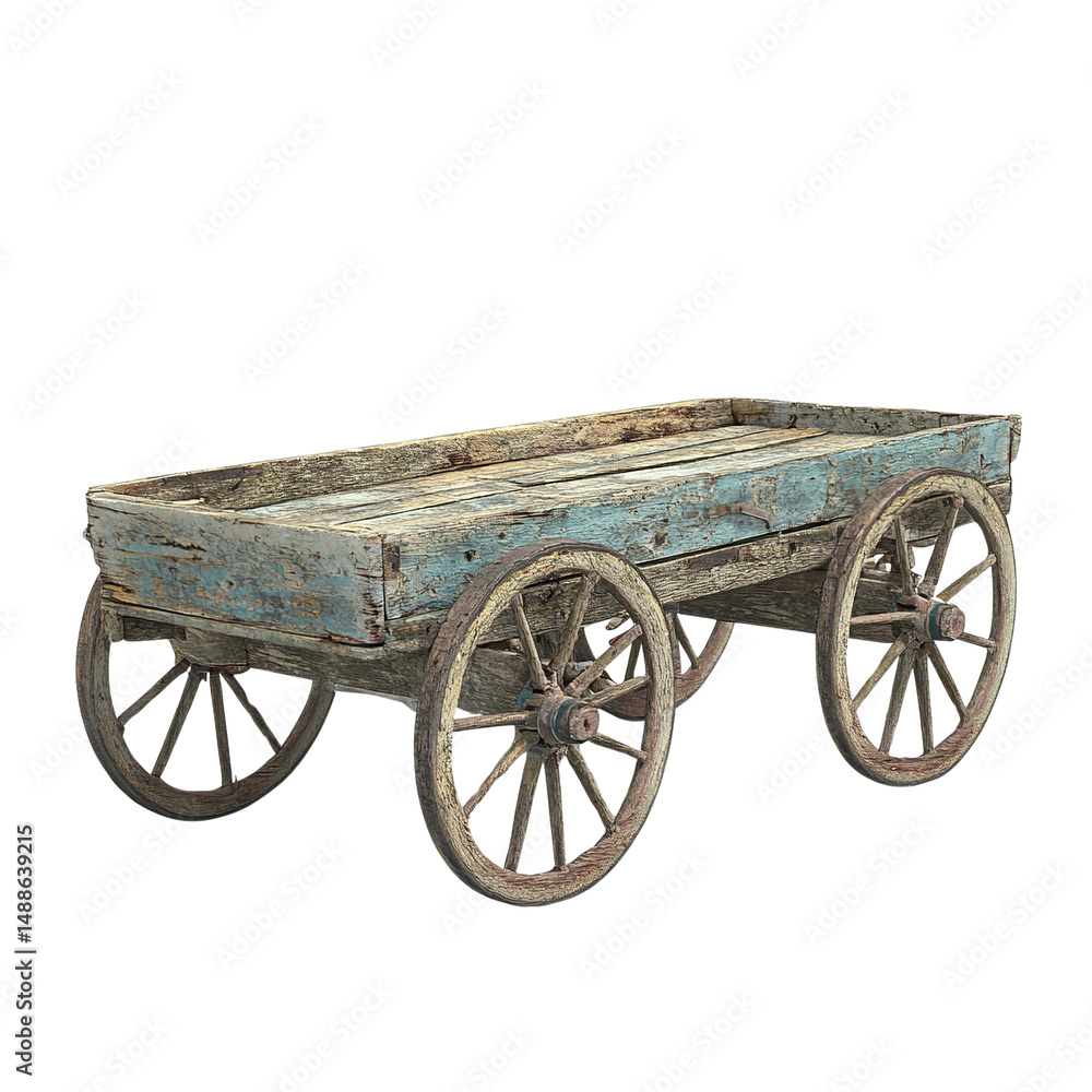 Obraz premium Rustic Wooden Cart with Weathered Blue Paint, Vintage Decorative Element