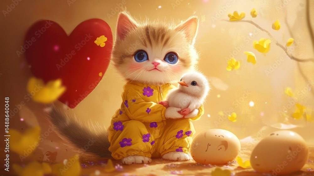 Fototapeta premium Cute kitty with chick