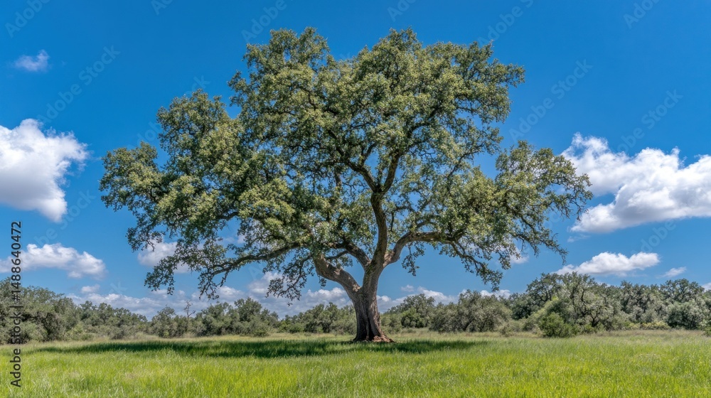 Fototapeta premium Majestic Oak Tree in a Sunny Meadow