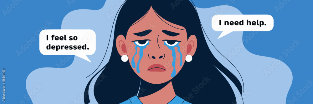 Sad woman crying with speech bubbles about depression – Suitable for mental health awareness campaigns, counseling materials, or support services. Sad woman crying with speech bubbles about depression – Suitable for mental health awareness campaigns, counseling materials, or support services.