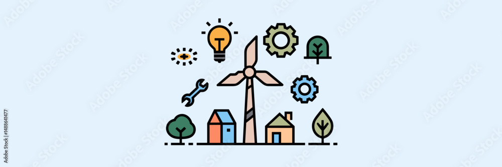 Fototapeta premium vector icon sheet with wind turbine and energy symbols – ideal for renewable energy, technology, and environmental innovation content