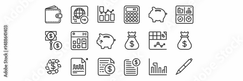 black and white vector icon sheet of financial planning tools – ideal for business presentations, money management, and finance education