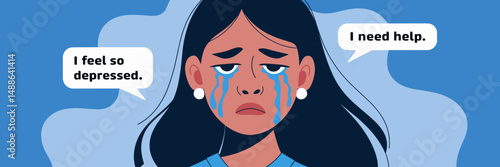 Sad woman crying with speech bubbles about depression – Suitable for mental health awareness campaigns, counseling materials, or support services.