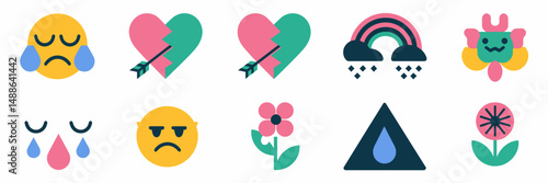 Flat style sadness symbols with crying face, wilted flower, and teardrop – Ideal for emotional wellness themes, self-help graphics, or psychological awareness.