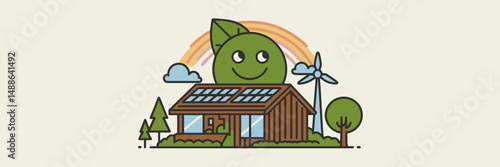 vector illustration of smiling eco-home with solar panels and leaf hat – perfect for green living, renewable energy, and eco-friendly housing campaigns