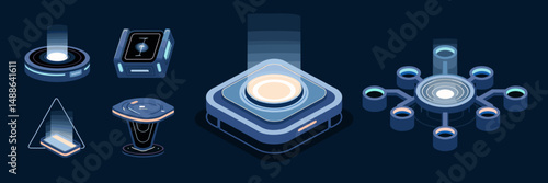 Icon sheet with teleportation devices in various sci-fi designs – Ideal for game development, futuristic tech apps, or science fiction interfaces.