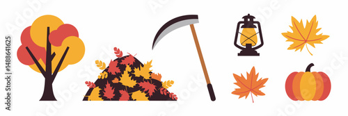 Autumn-themed vector icon set with tree, pumpkin, and lantern – Perfect for seasonal marketing, fall-themed designs, or holiday promotions
