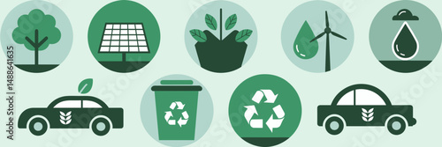 Eco icon sheet with green background and renewable symbols – Perfect for clean transport campaigns, eco design materials, or green energy branding