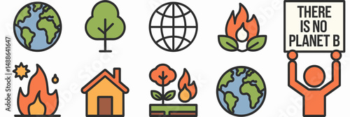 vector icon sheet of climate change protest symbols – ideal for environmental campaigns, activism graphics, and awareness materials