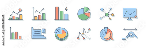 Clean vector data analysis icon sheet with graphs and statistics – Suitable for educational materials, business reports, or tech interfaces
