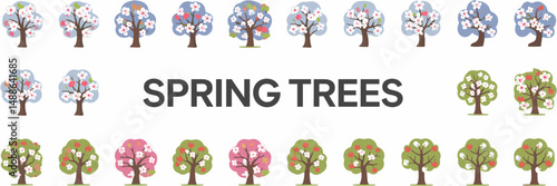 Spring tree icon set with cherry blossom, magnolia, and apple trees – Perfect for nature themes, gardening apps, or seasonal greeting designs