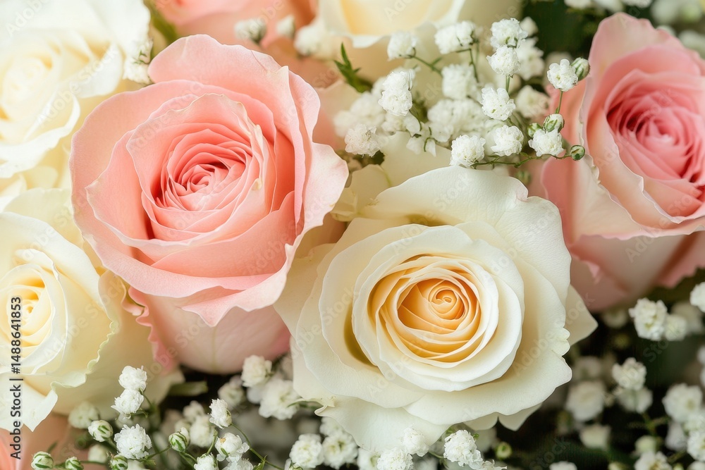 Obraz premium Closeup of a beautiful bouquet featuring pink and cream roses surrounded by delicate filler flowers, Closeup of bouquet with pink and cream roses small white flowers