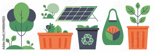 Minimalist eco lifestyle icon sheet with flat design – Ideal for clean energy branding, recycling promotions, or sustainability content