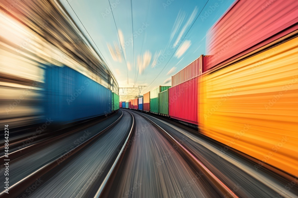 Obraz premium Freight train moves swiftly along curved tracks with colorful intermodal containers at sunset, Dynamic view of a freight train with intermodal containers in transit
