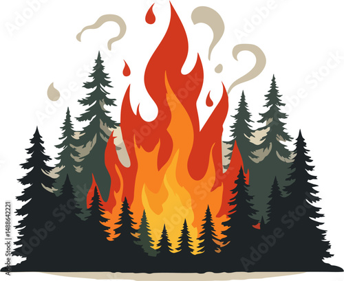 Vector Illustration of Forest Wildfire with Pine Trees and Smoke – Flat Design Environmental Disaster Concept