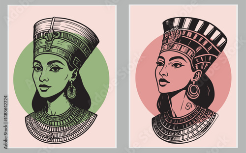 Cleopatra face, Egyptian pharaoh queen, ancient goddess portrait, Egypt woman black hair, gold crown. Mythology character, jewelry necklace old civilization Nefertiti princess. Egypt Cleopatra clipart