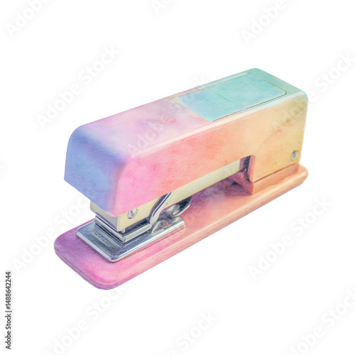 A watercolor-painted stapler with a blend of soft pastel hues sits on a white background creating a minimalistic and whical office supply illustration.