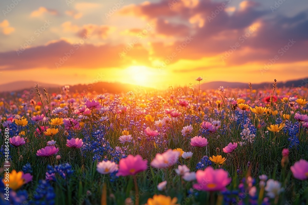 Obraz premium Colorful wildflower field illuminated by sunset overlooking distant hills in a serene landscape