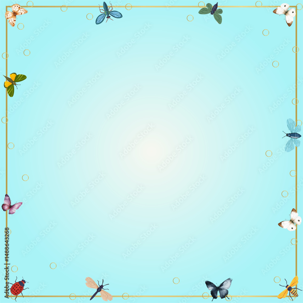 background with golden frame, butterflies, dragonflies, moths, beetles, bees, golden balls, decor, text field, background for instagram background with golden frame, butterflies, dragonflies, moths, beetles, bees, golden balls, decor, text field, background for instagram