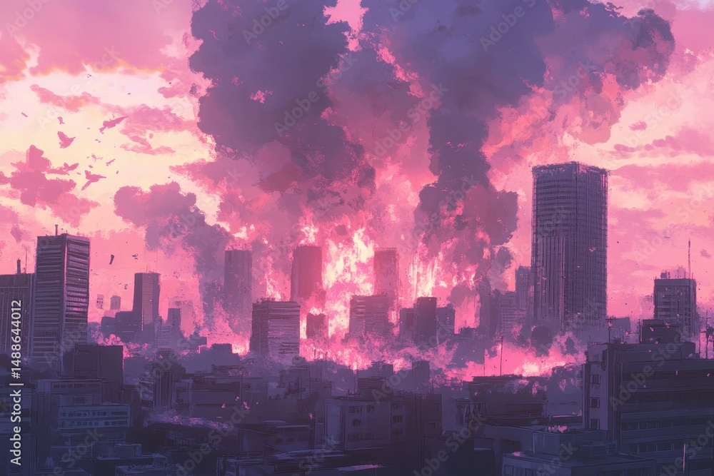 Obraz premium City in chaos under a dramatic sky filled with smoke and destruction during an apocalyptic event, A city in disaster Anime or digital painting style, ing Photo background